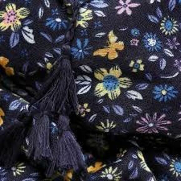 NEW Boho Butterfly Floral Design Tasseled Rectangle Soft Chic Scarf L Navy Blue - Picture 4 of 15